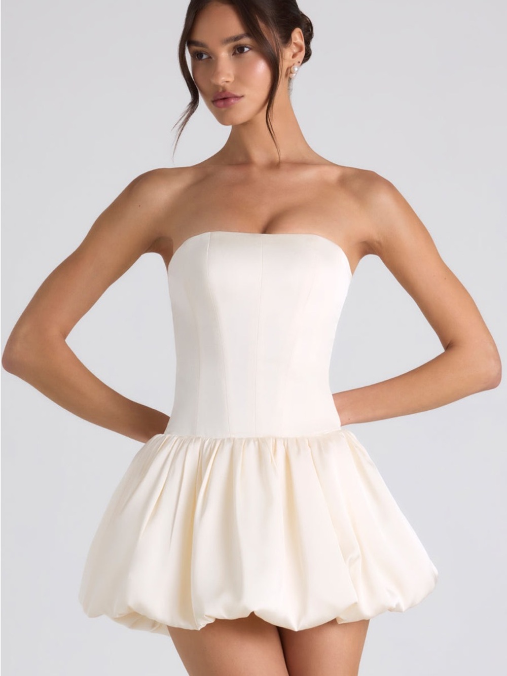 Oh Polly Lace-Up Bubble Hem Corset Mini Dress in Ivory | US 4